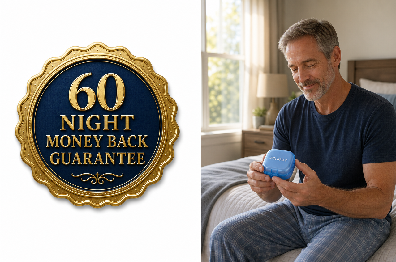 60-Night Money-Back Guarantee gold seal alongside a man peacefully holding the Zenouv mouthpiece case