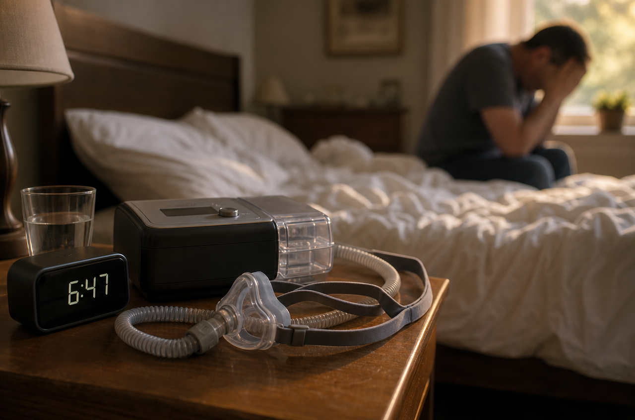CPAP machine on the bedside table at 6:47am with a worn-out user sitting on the bed behind it