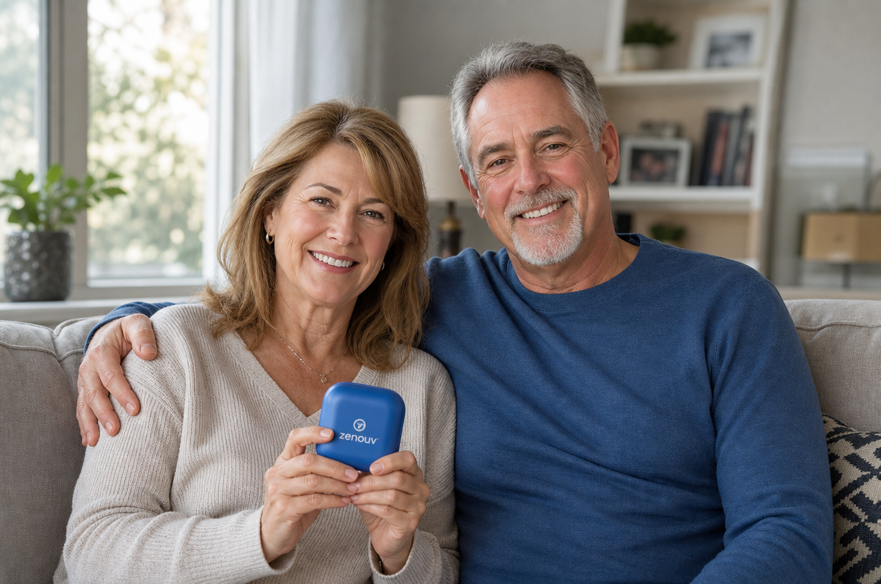 Couple smiling at home holding the Zenouv mouthpiece case — peace of mind with the 60-night risk-free guarantee