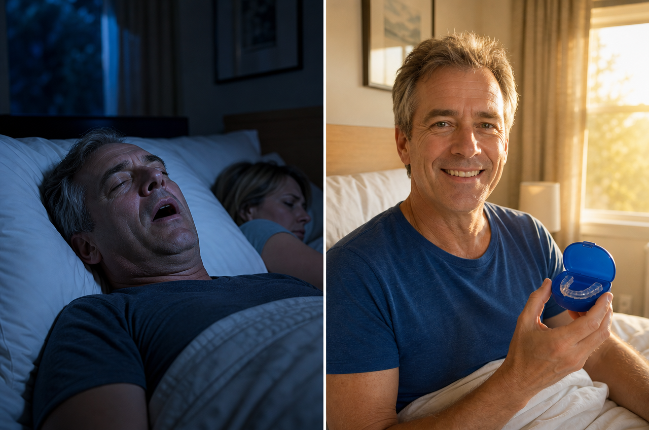 Before Zenouv: snoring keeping spouse awake. After: well-rested mornings holding the Zenouv mouthpiece